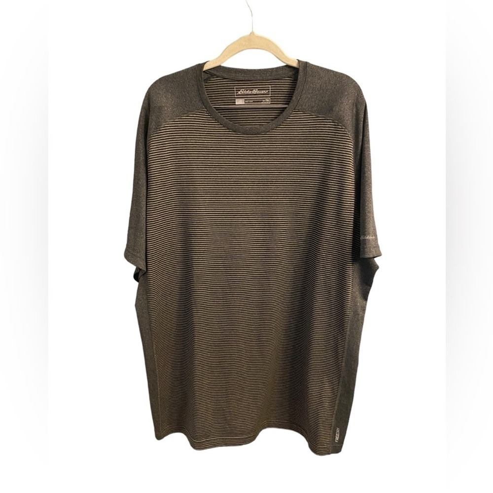 Eddie Bauer In Motion XLT Freedry shirt in gray and black. Horizontal striping. - Picture 1 of 10
